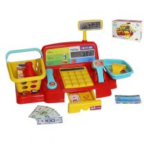Speelgoedkassa met winkelmandje en scanner-weegschaal-geld-produkten en vele andere accessoires