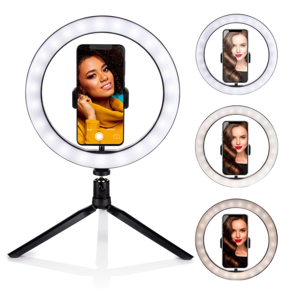 Grundig Ringlamp op Statief - Selfie Ringlicht - ⌀ 25 CM - 3 Lichtkleuren - 11 Helderheidsniveau's - Flexibele Nek - Bediening op Kabel - USB Opladen - Telefoonhouder - Tripod - LE