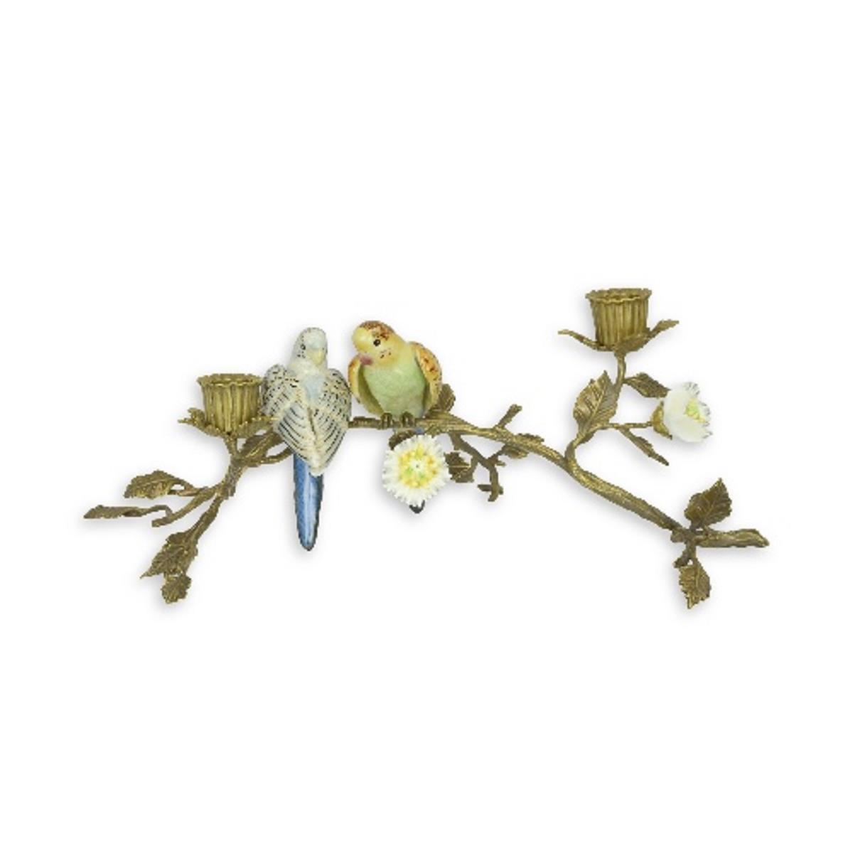 A BRASS CANDLE STAND MOUNTED WITH PORCELAIN BIRDS