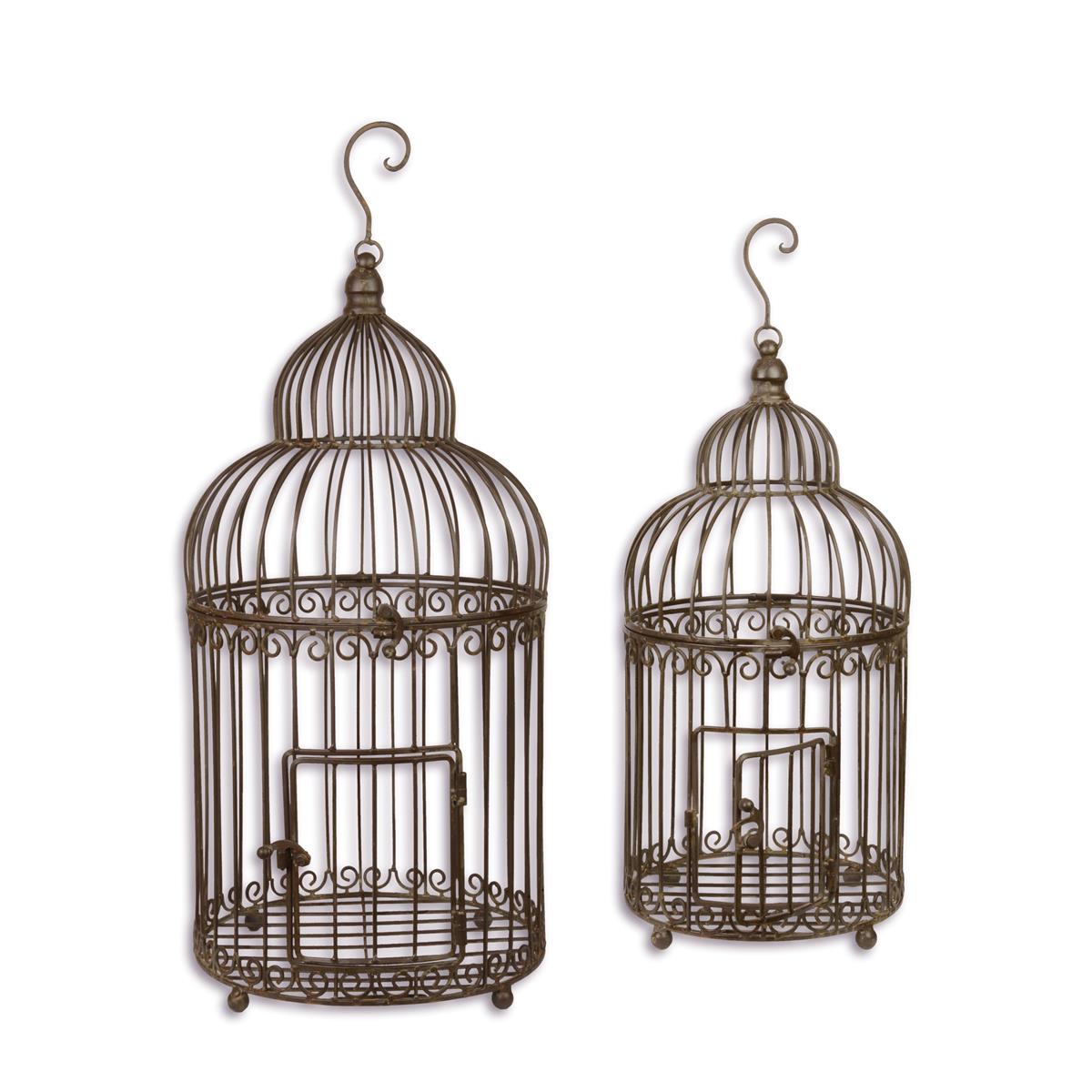 A PAIR OF BROWN IRON BIRDCAGES