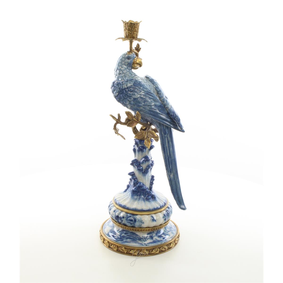 A BRONZE MOUNTED PORCELAIN PARROT CANDLE HOLDER
