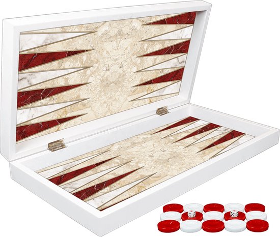 Backgammon rood/wit - Maat L 38cm - Tavla - Met schaakbord - Magnetische sluiting